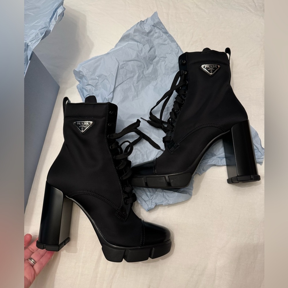 Prada Leather Amp Nylon Hiker Booties, Color Nero, Size 39.5 (9.5), NWT